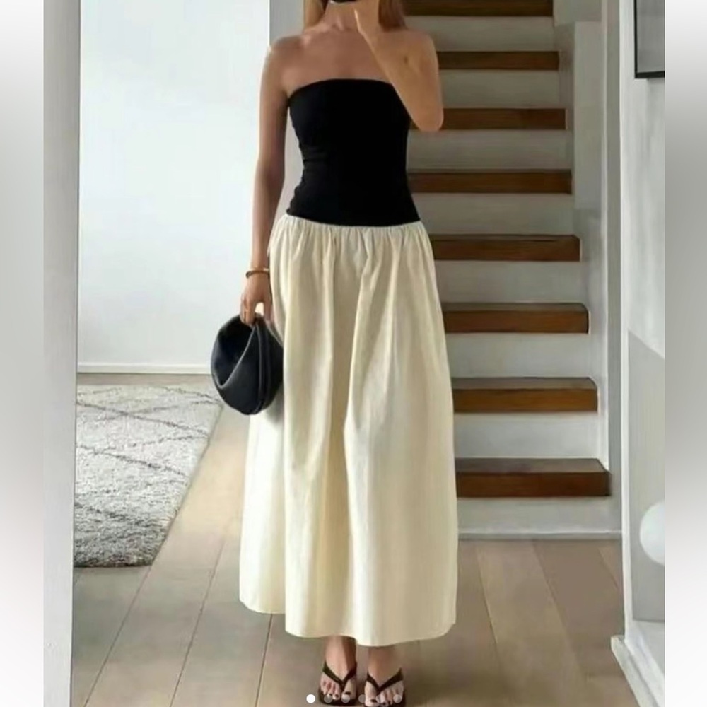 Black and Tan Strapless Maxi Dress​